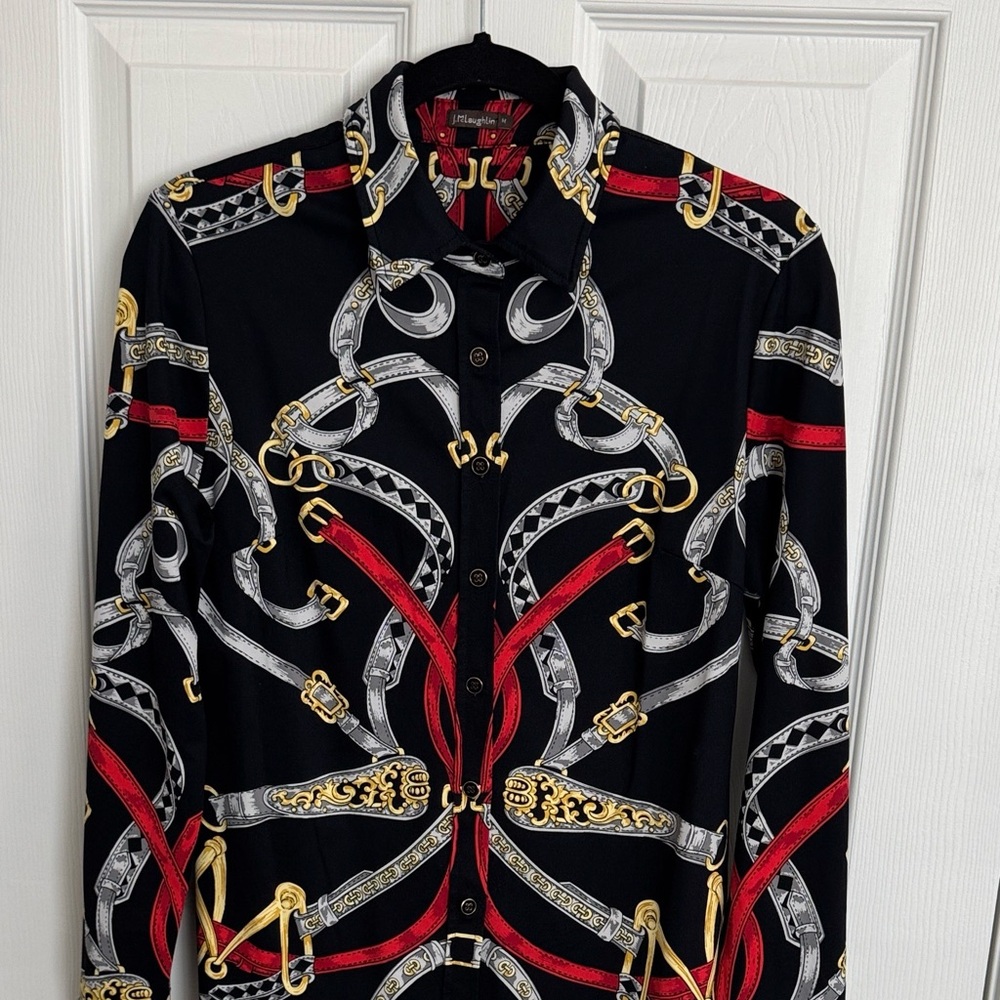 J McLaughlin Blouse Chains & Belt Design ~ Size M